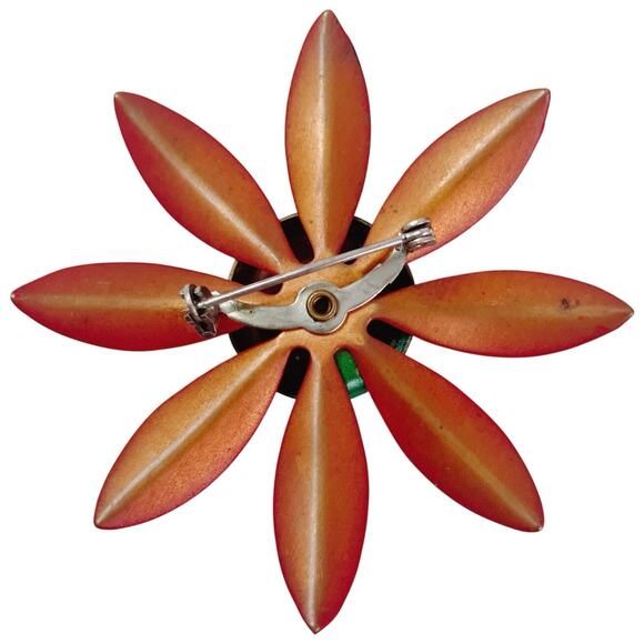 Vintage 1960s Brooch Red Green Enamel Flower  Mid Century Mod Retro Kitschy Pin - Picture 8 of 13